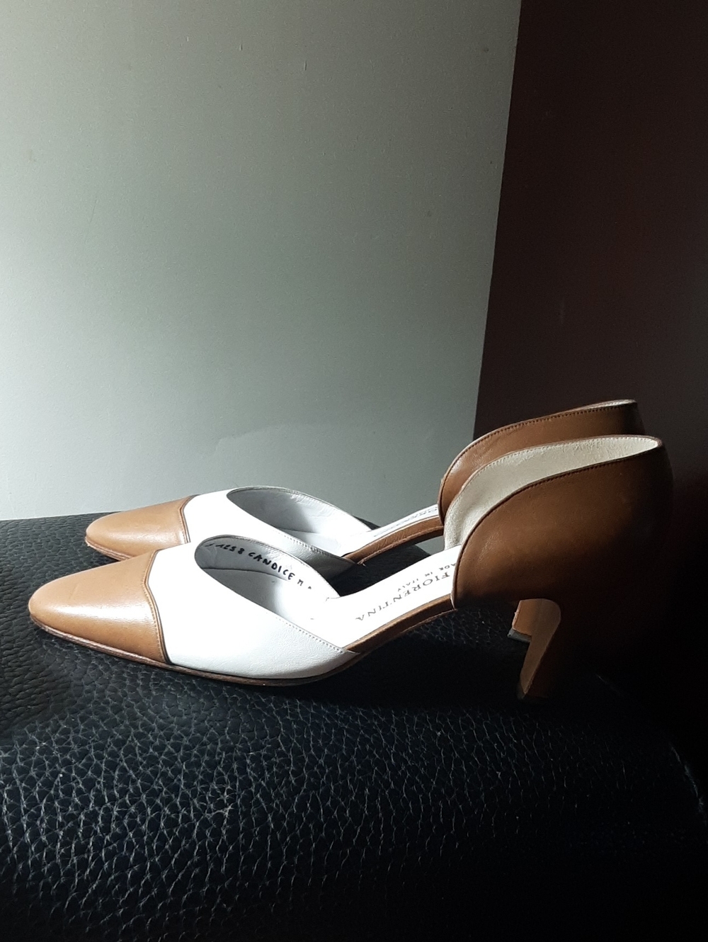 SILVIA FIORENTINO Two-Tone Tan & White Pointed D'Orsay Heels 8.5 M MADE IN ITALY